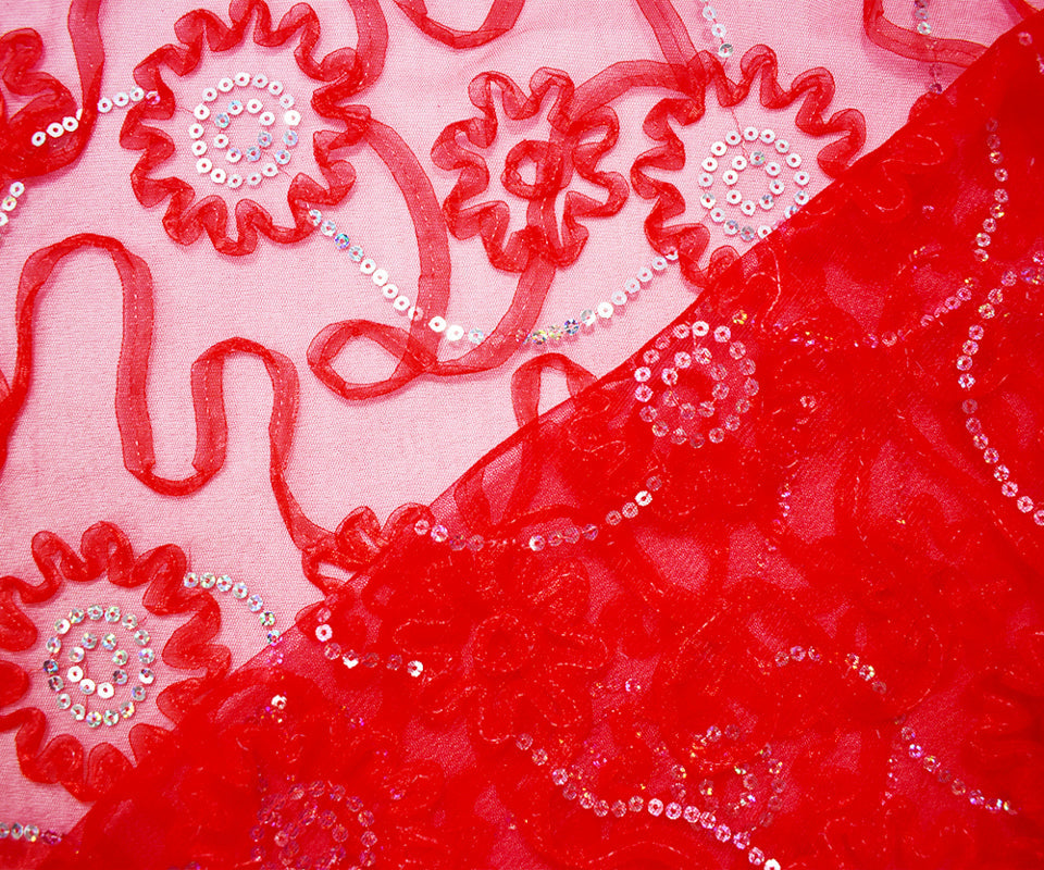 Red-Silver Nylon Floral Applique Sequined Mesh Tulle Fabric