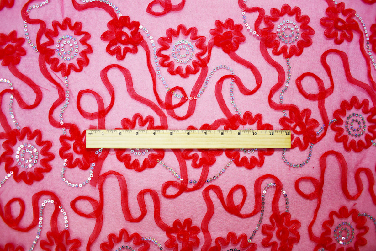 Red-Silver Nylon Floral Applique Sequined Mesh Tulle Fabric