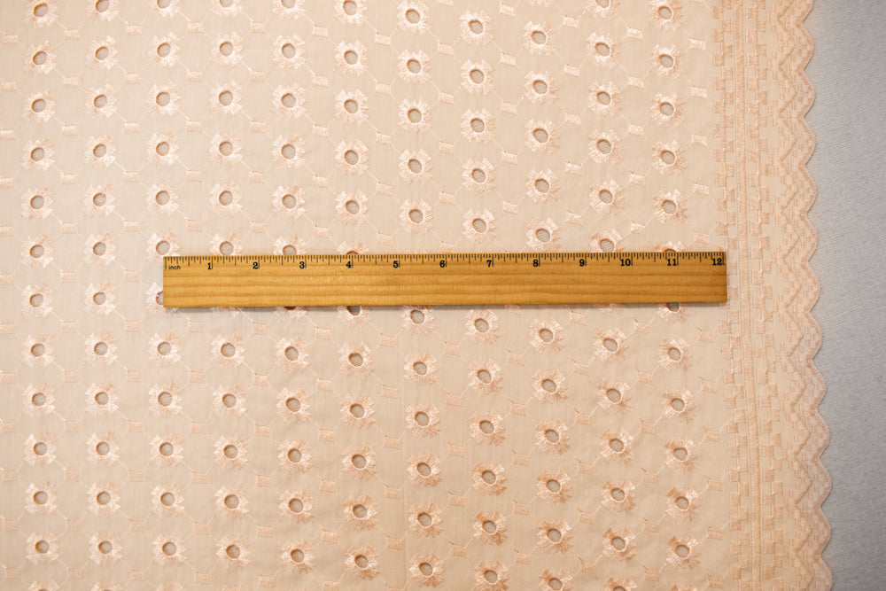 Beige Poly-Cotton Embroidered Abstract Pixel Eyelet Scallop Woven Fabric