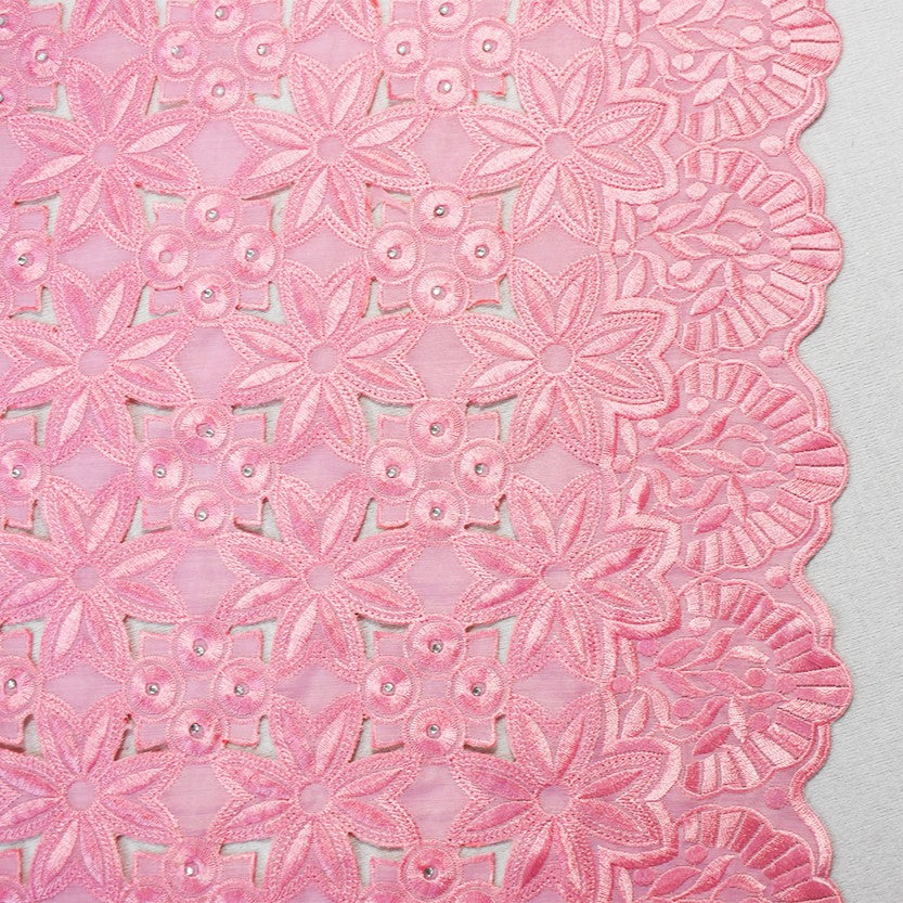 Pastel Pink Polyester Floral Circle Scalloped Rhinestone Woven Fabric