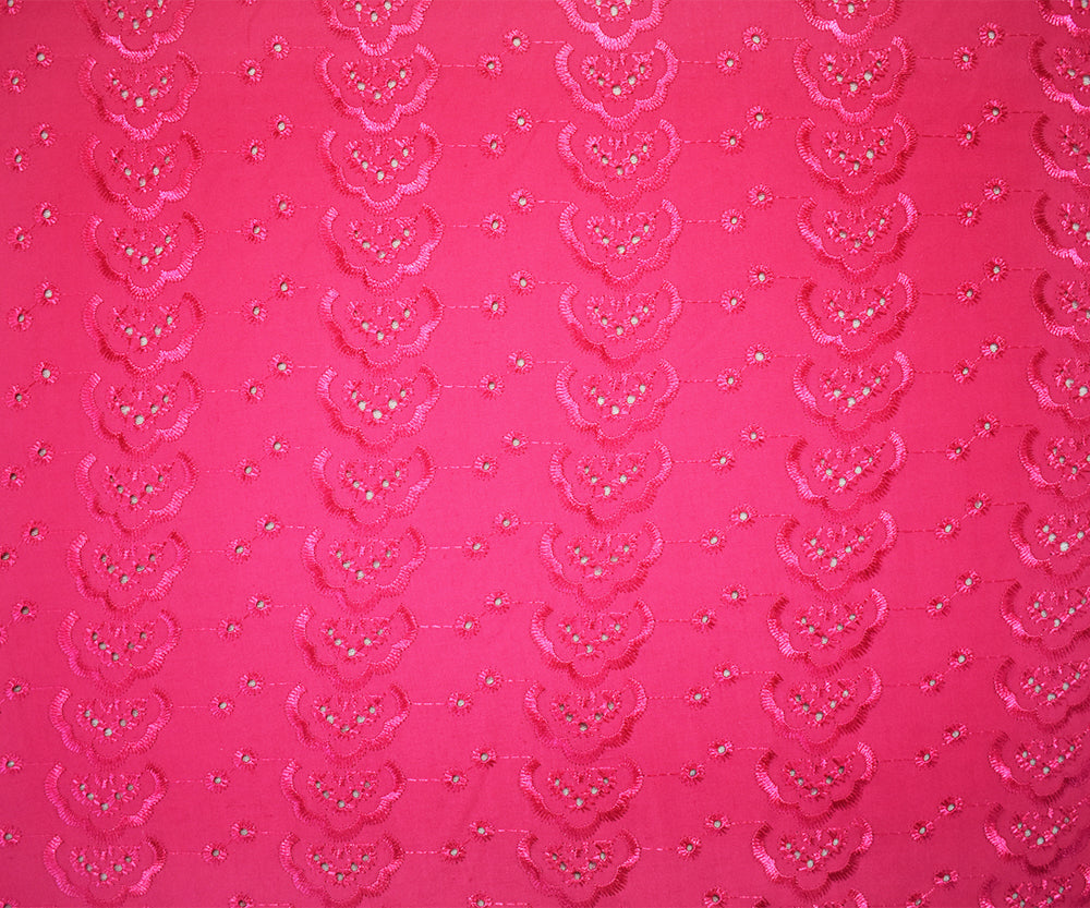 Pink Poly-Cotton Embroidered Abstract Geometric Eyelet Scallop Woven Fabric