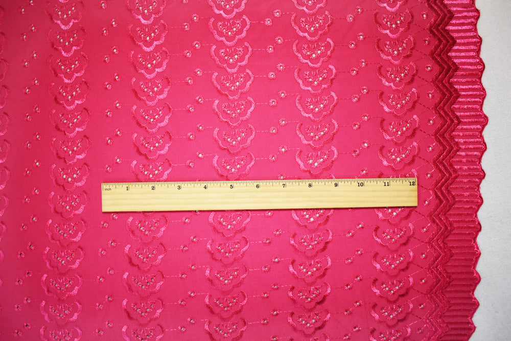 Pink Poly-Cotton Embroidered Abstract Geometric Eyelet Scallop Woven Fabric