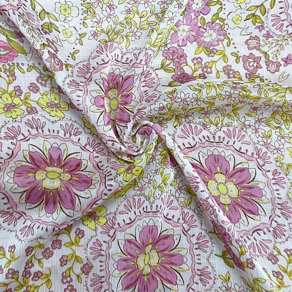 Ivory-Green-Multi Poly Floral Printed Crinkle Yoryu Chiffon Woven Fabric