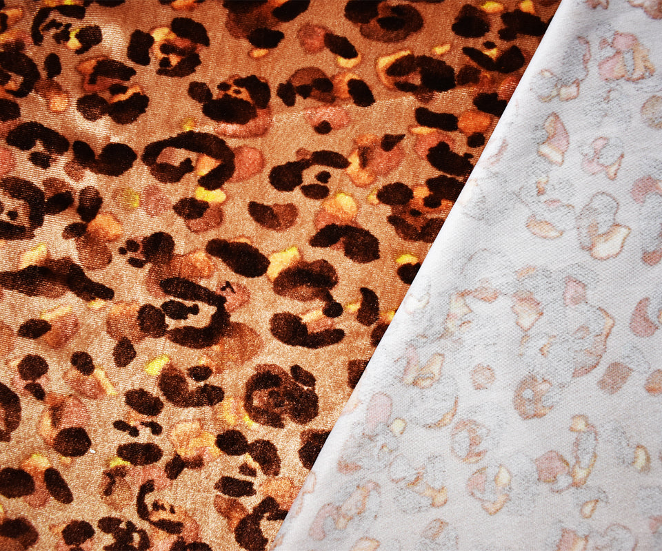 Brown-Orange-Multi Poly Leopard Printed Velvet Knit Fabric