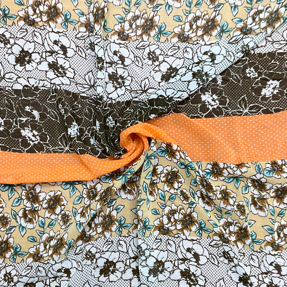 Beige-Orange-Multi Poly Stripe Floral Printed Chiffon Woven Fabric