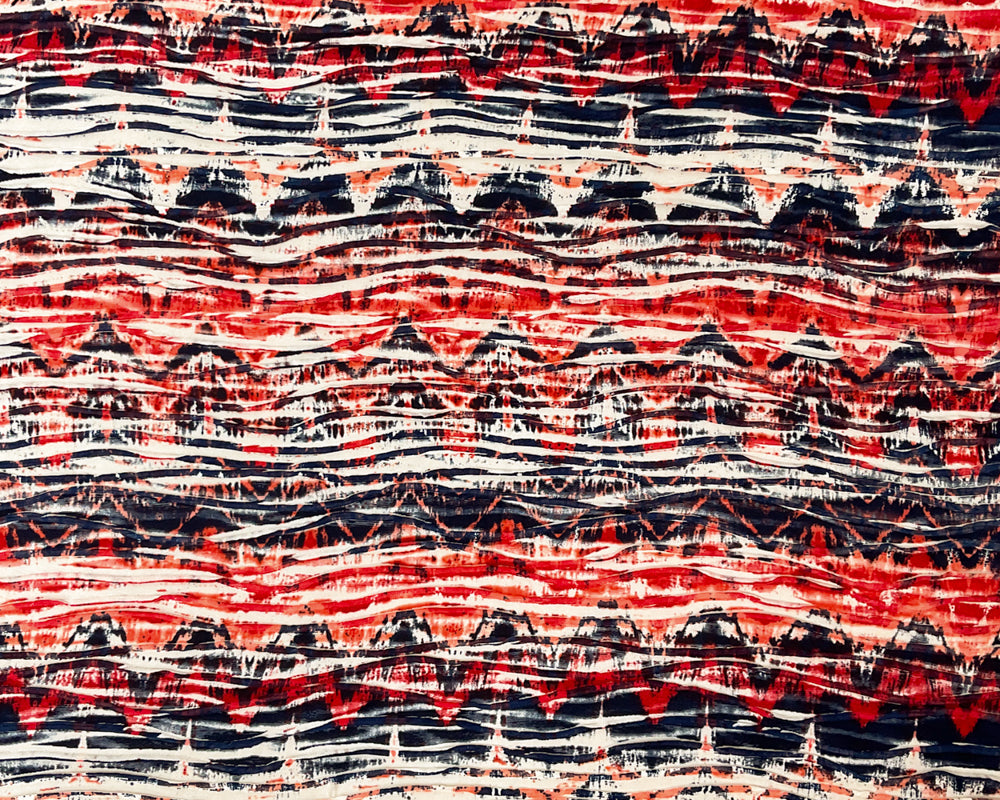 Red-Multi Poly Abstract Chevron Printed Knife Pleat Knit Fabric