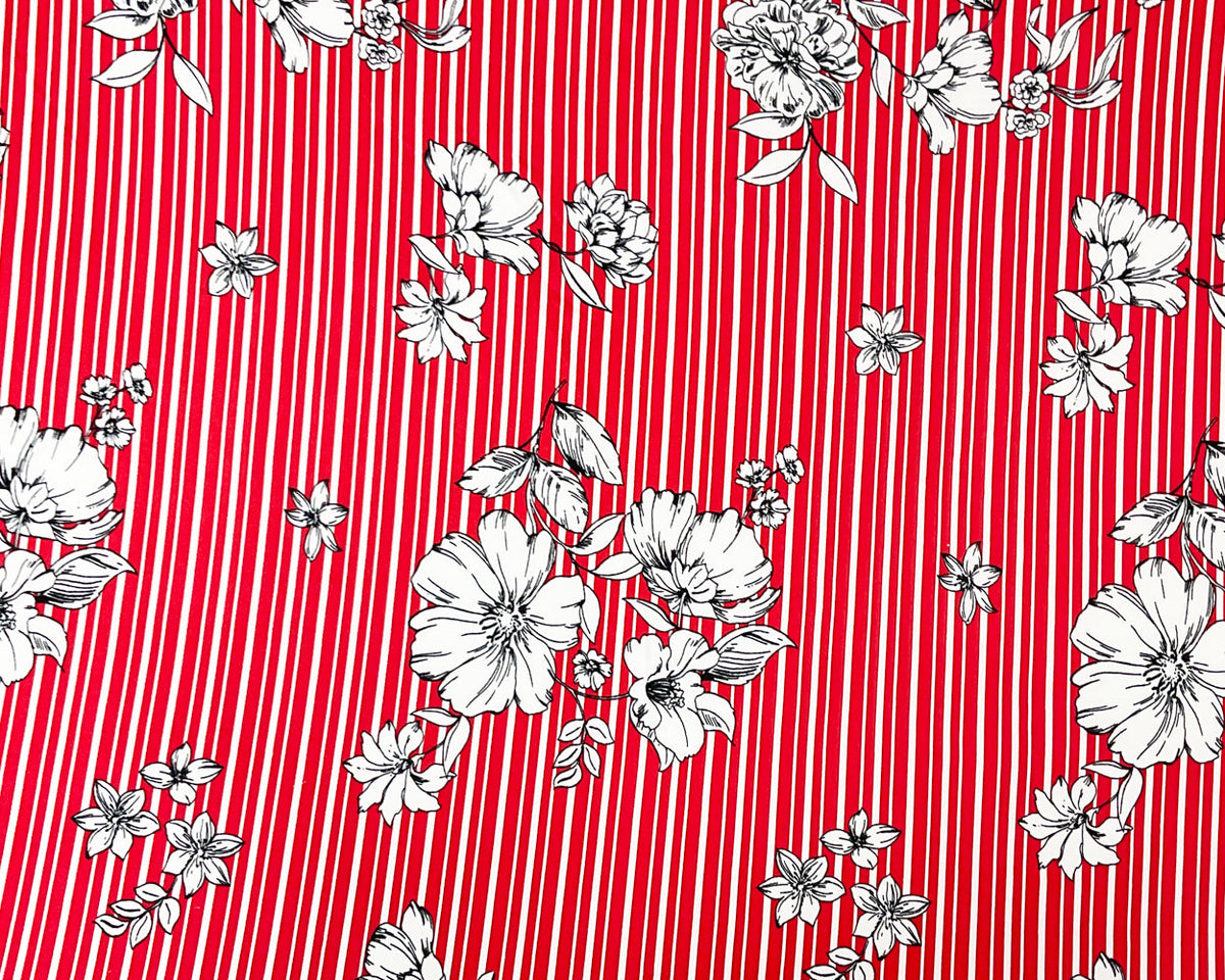 Red-Multi Poly Stretch Spandex Floral Stripe Print DB Jersey Knit Fabric