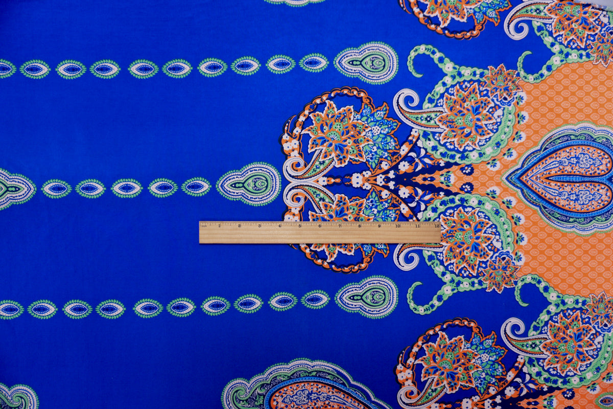 Blue-Orange-Multi Poly Stretch Paisley Border Jersey Knit Fabric