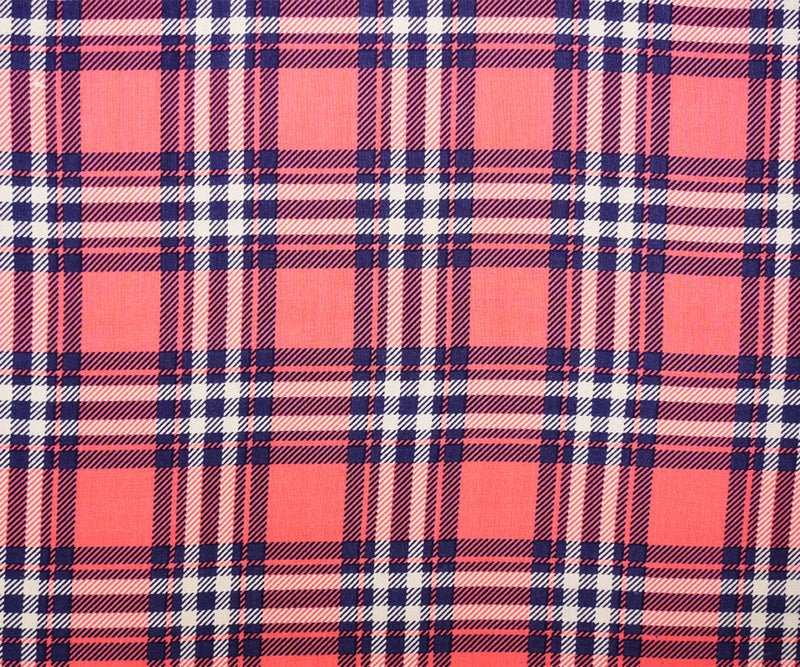 Pink-Blue-White Rayon Plaid Printed Challis Woven Fabric