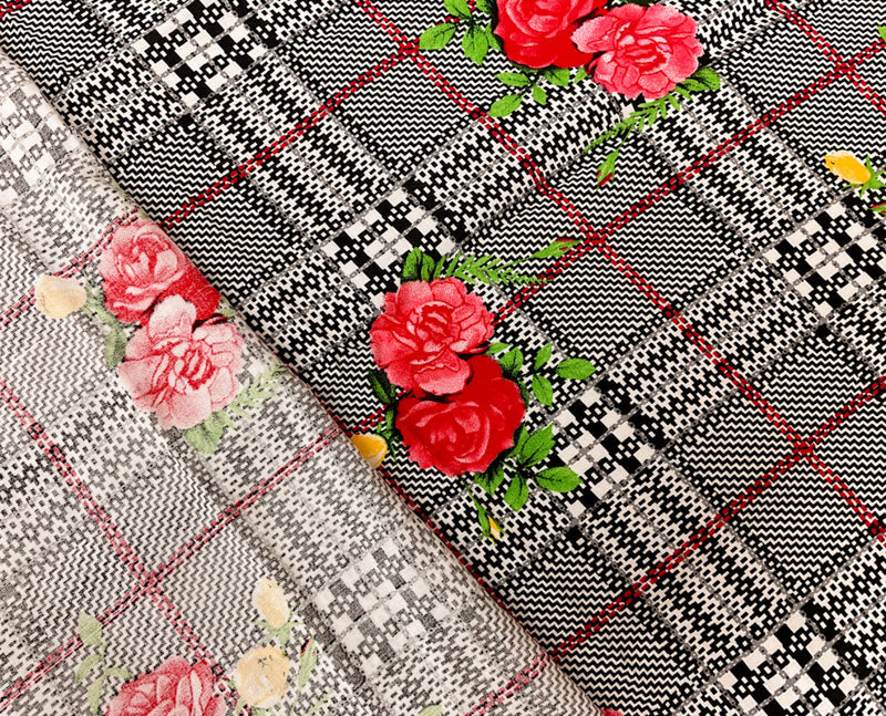 Black-Red-Multi Rayon Floral Plaid Printed Challis Woven Fabric