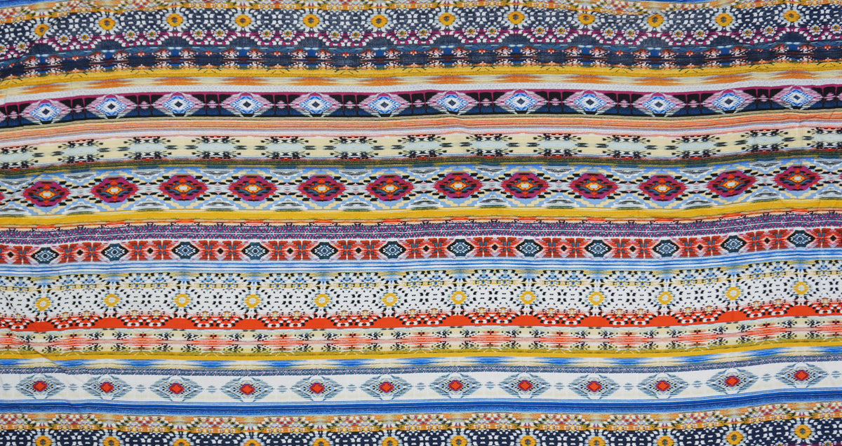 Blue-Yellow-Multi Rayon Aztec Printed Challis Woven Fabric