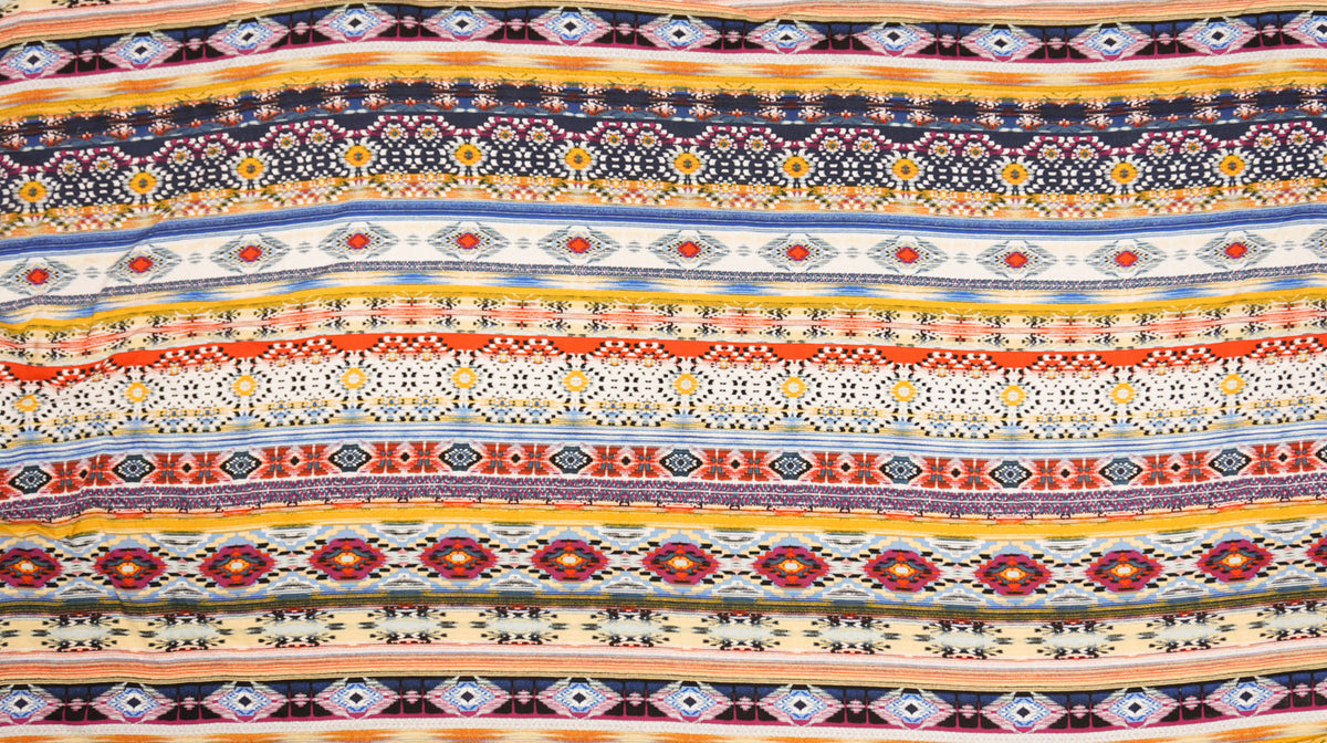 Blue-Yellow-Multi Rayon Ikat Printed Challis Woven Fabric