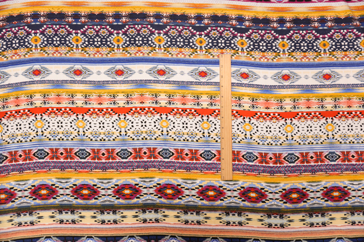 Blue-Yellow-Multi Rayon Ikat Printed Challis Woven Fabric