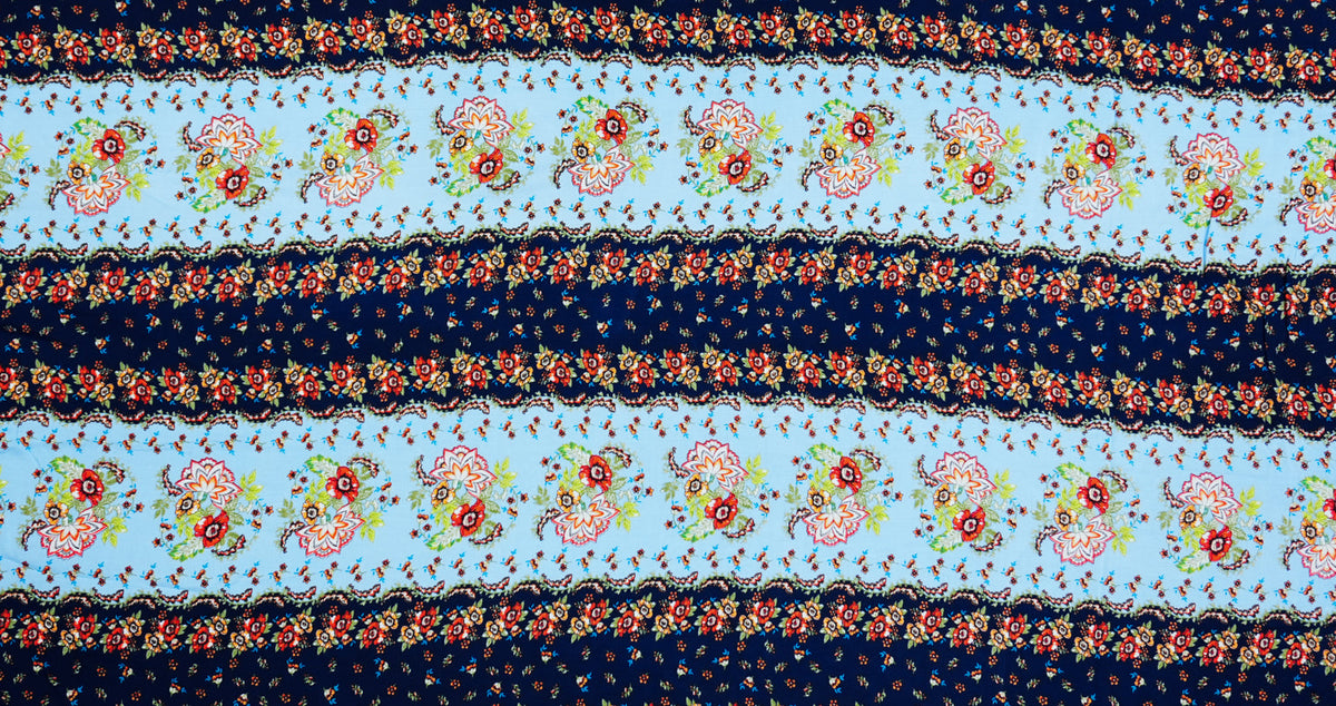 Blue-Multi Rayon Washable Floral Print Challis Woven Fabric