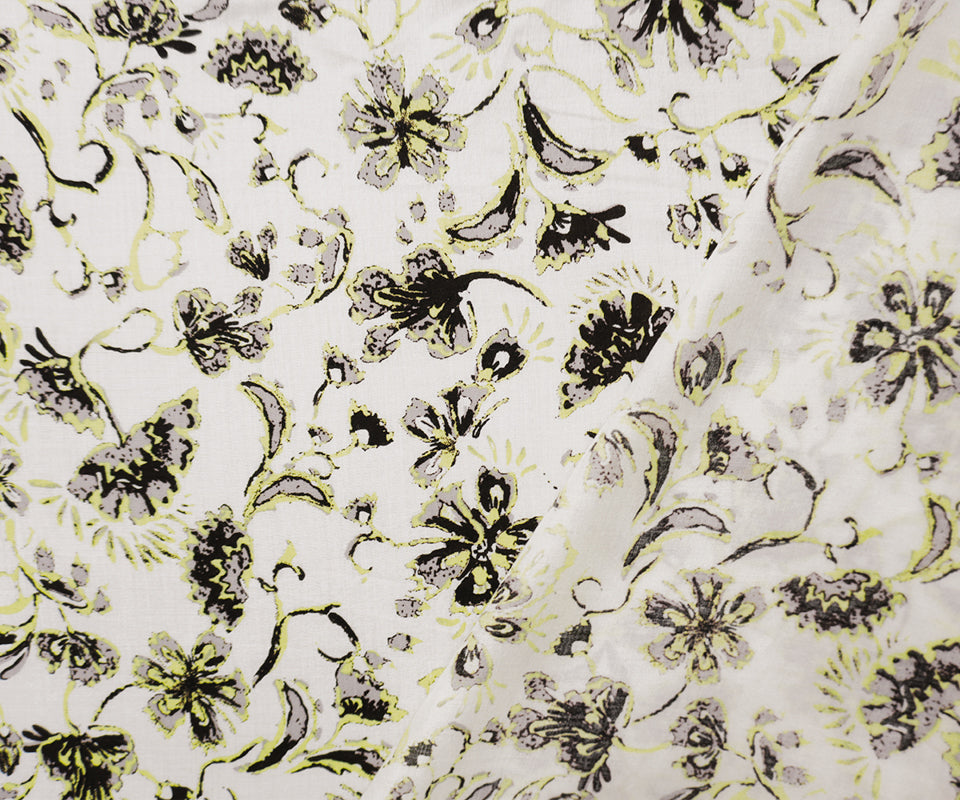 White-Yellow-Multi Rayon Floral Printed Voile Woven Fabric