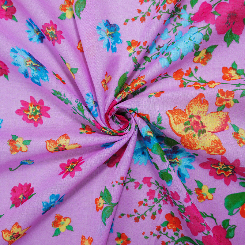 Purple-Red-Multi Cotton Floral Border Printed Gauze Woven Fabric