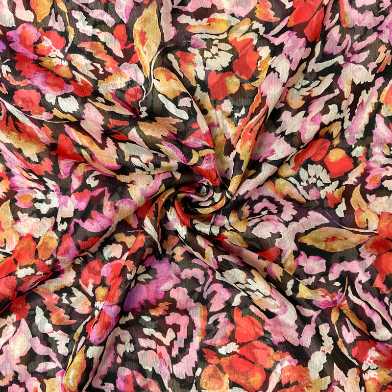 Black-Red-Multi Poly Floral Yoryu Chiffon Woven Fabric
