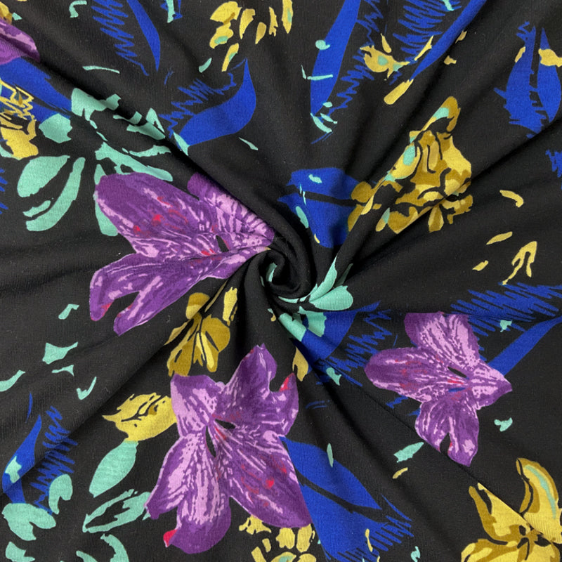 Black-Purple-Multi Poly Stretch Floral Printed Jersey Knit Fabric