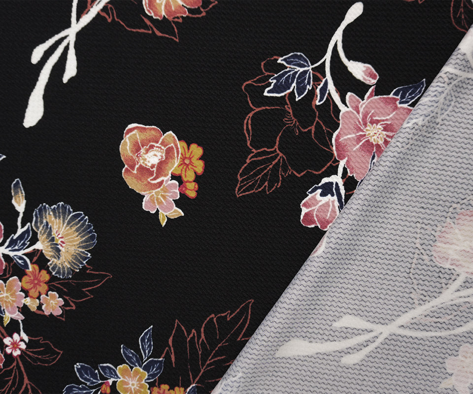 Black-Multi Poly Stretch Floral Printed Bullet Double Knit Fabric