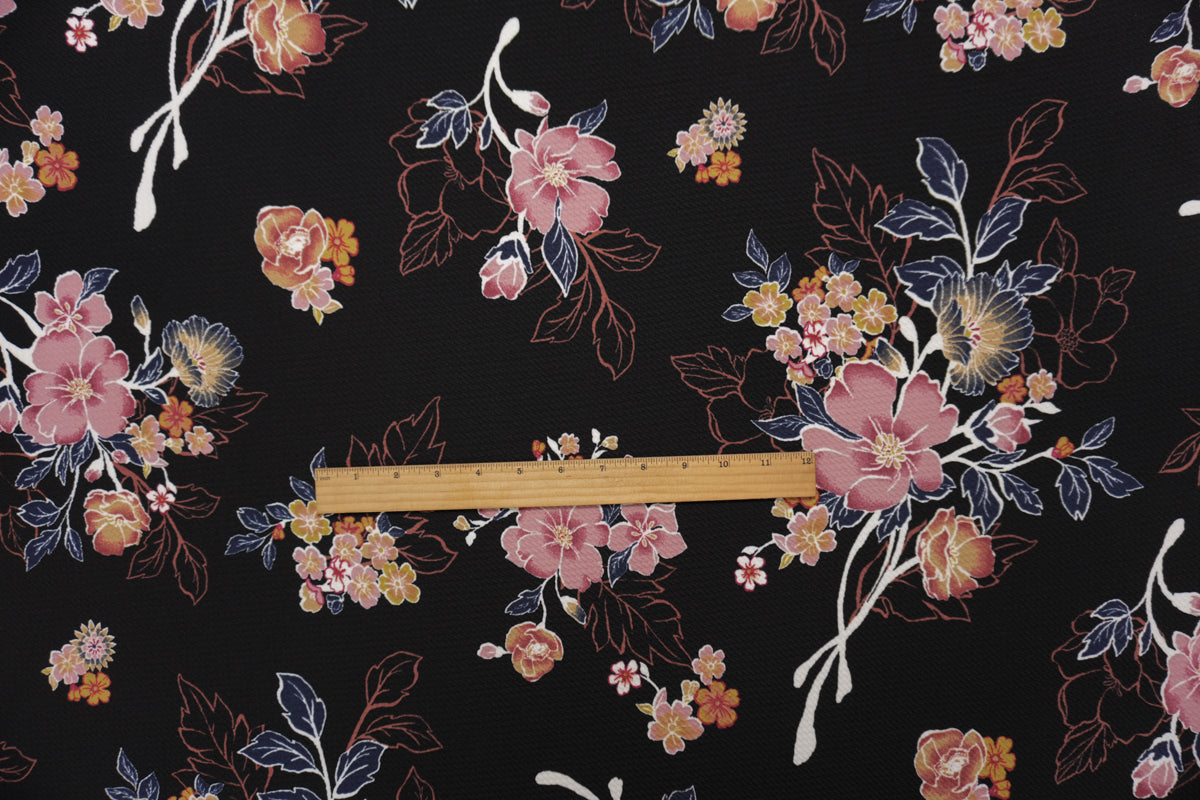 Black-Multi Poly Stretch Floral Printed Bullet Double Knit Fabric