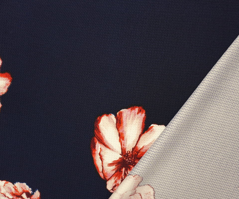 Deep Navy-Red Poly Stretch Floral Bullet Double Knit Fabric