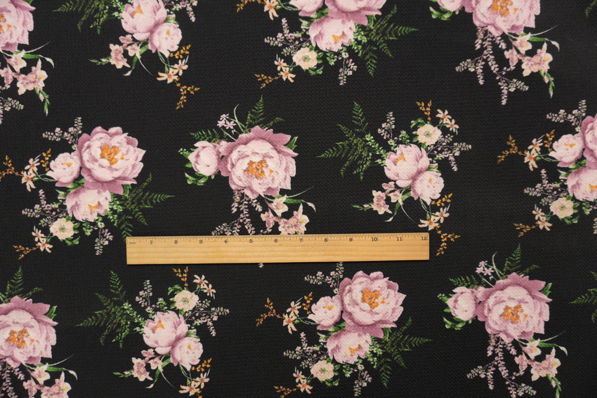Black-Purple-Multi Poly Stretch Floral Bullet Double Knit Fabric