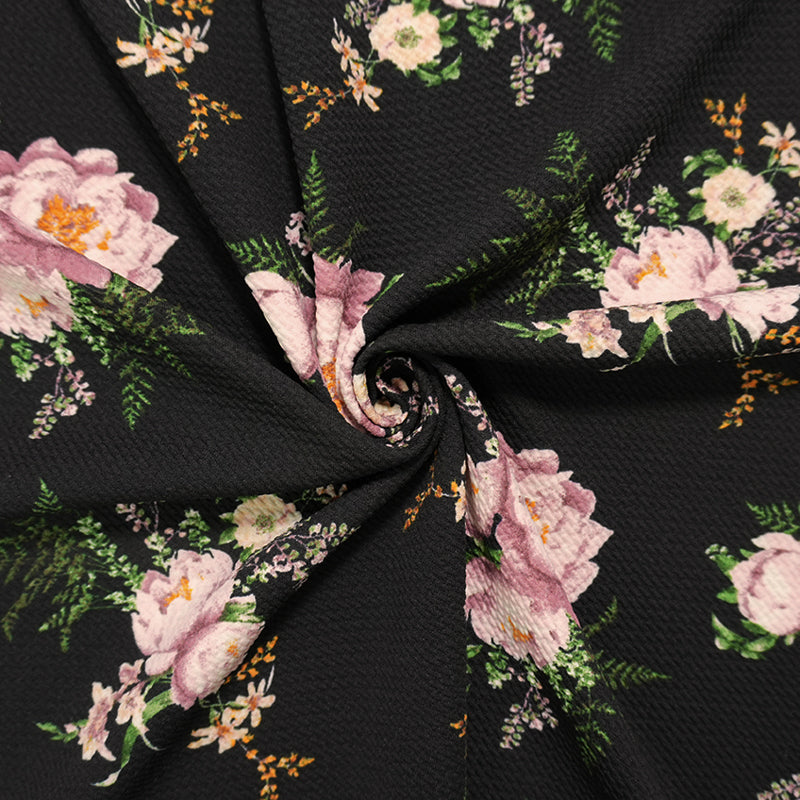 Black-Purple-Multi Poly Stretch Floral Bullet Double Knit Fabric