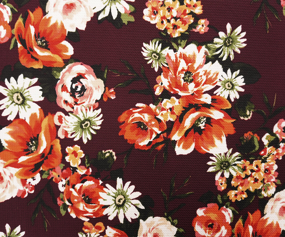 Deep Red-Multi Poly Stretch Floral Bullet Double Knit Fabric