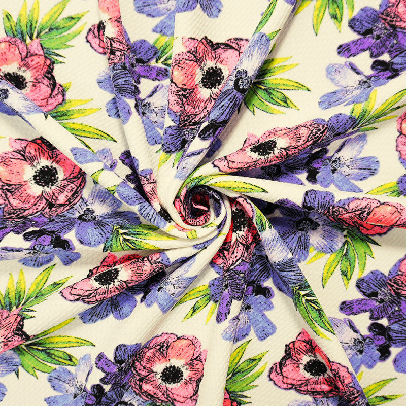 White-Blue-Multi Poly Stretch Floral Bullet Double Knit Fabric