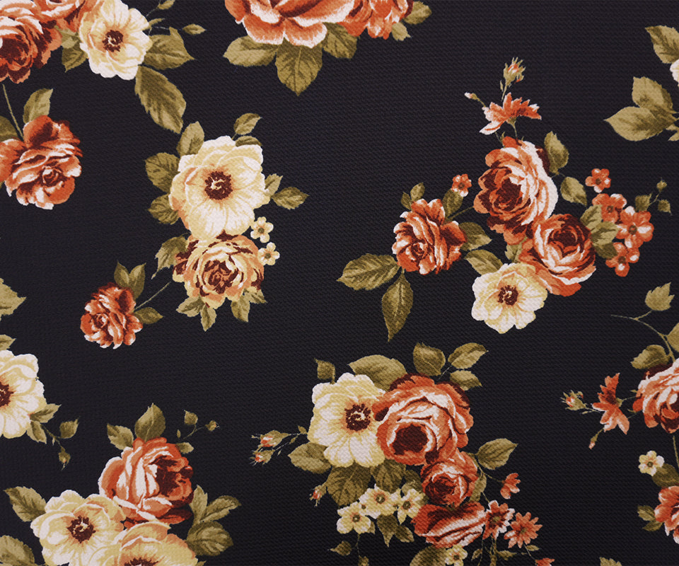 Black-Orange-Multi Poly Stretch Floral Bullet Double Knit Fabric