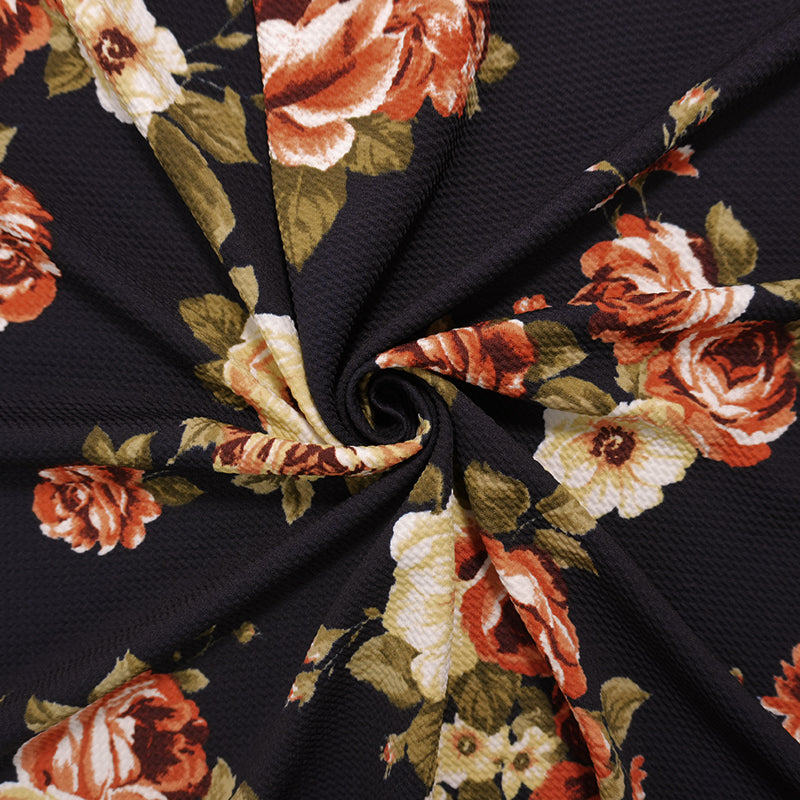 Black-Orange-Multi Poly Stretch Floral Bullet Double Knit Fabric