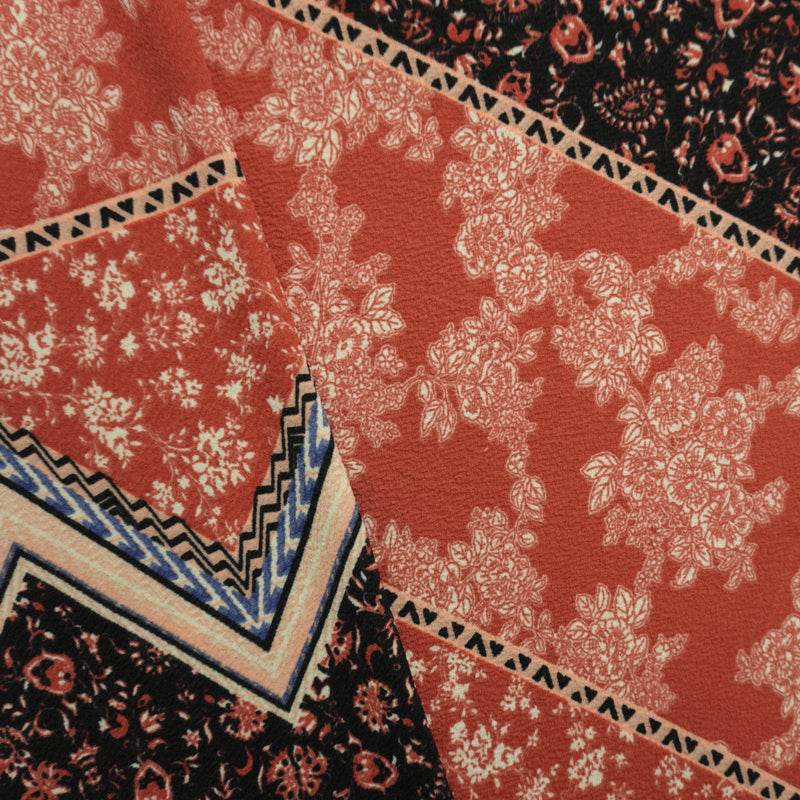 Red-Multi Poly Floral Chevron Liverpool Double Knit Fabric