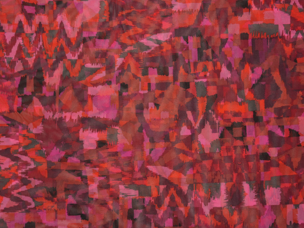 Red-Multi Poly Abstract Printed Net Mesh Knit Fabric