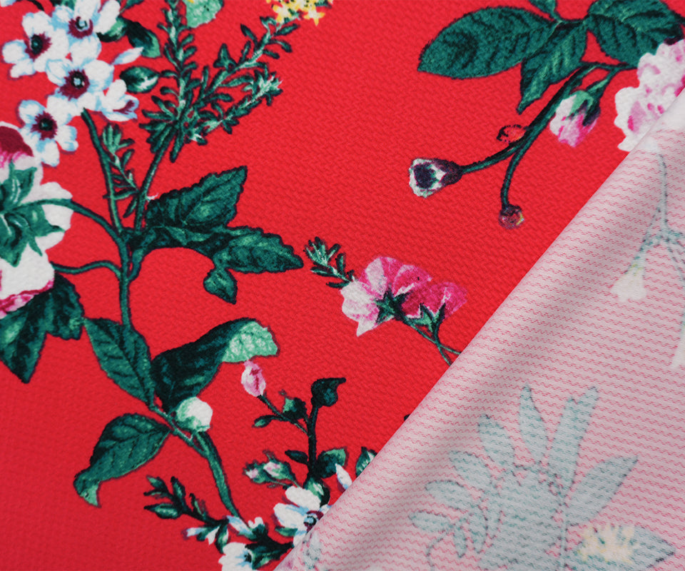 Red-Green-Multi Poly Stretch Floral Bullet Double Knit Fabric