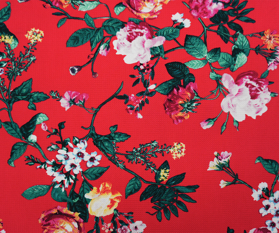 Red-Green-Multi Poly Stretch Floral Bullet Double Knit Fabric