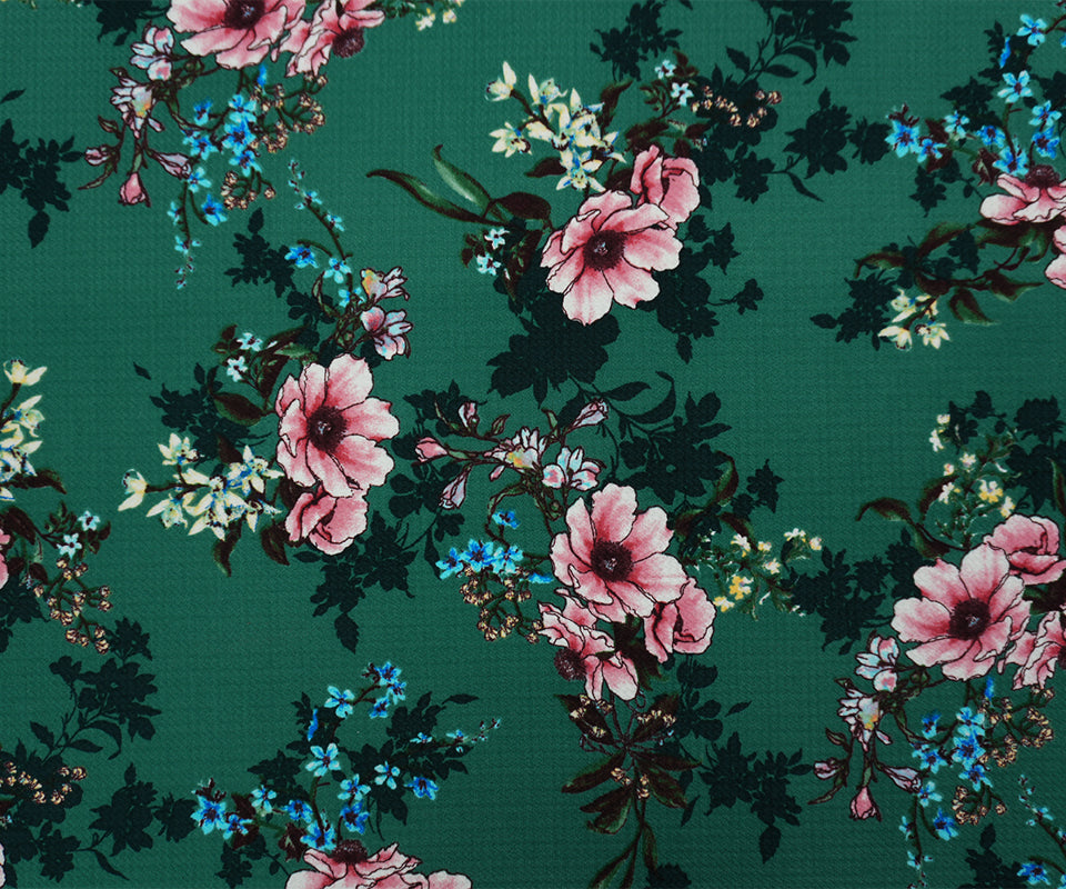 Green-Pink Poly Stretch Floral Printed Bullet Double Knit Fabric