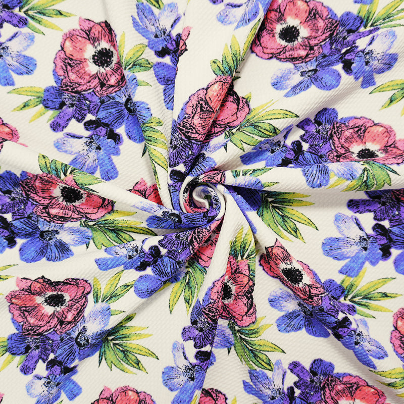 White-Purple-Multi Poly Stretch Floral Bullet Double Knit Fabric