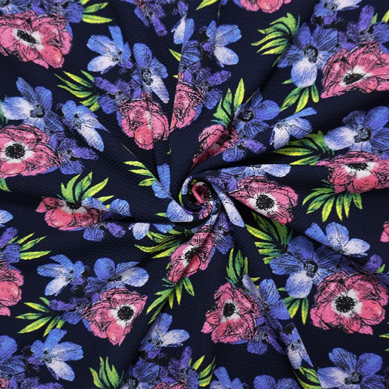 Deep Navy-Pink Poly Stretch Floral Bullet Double Knit Fabric