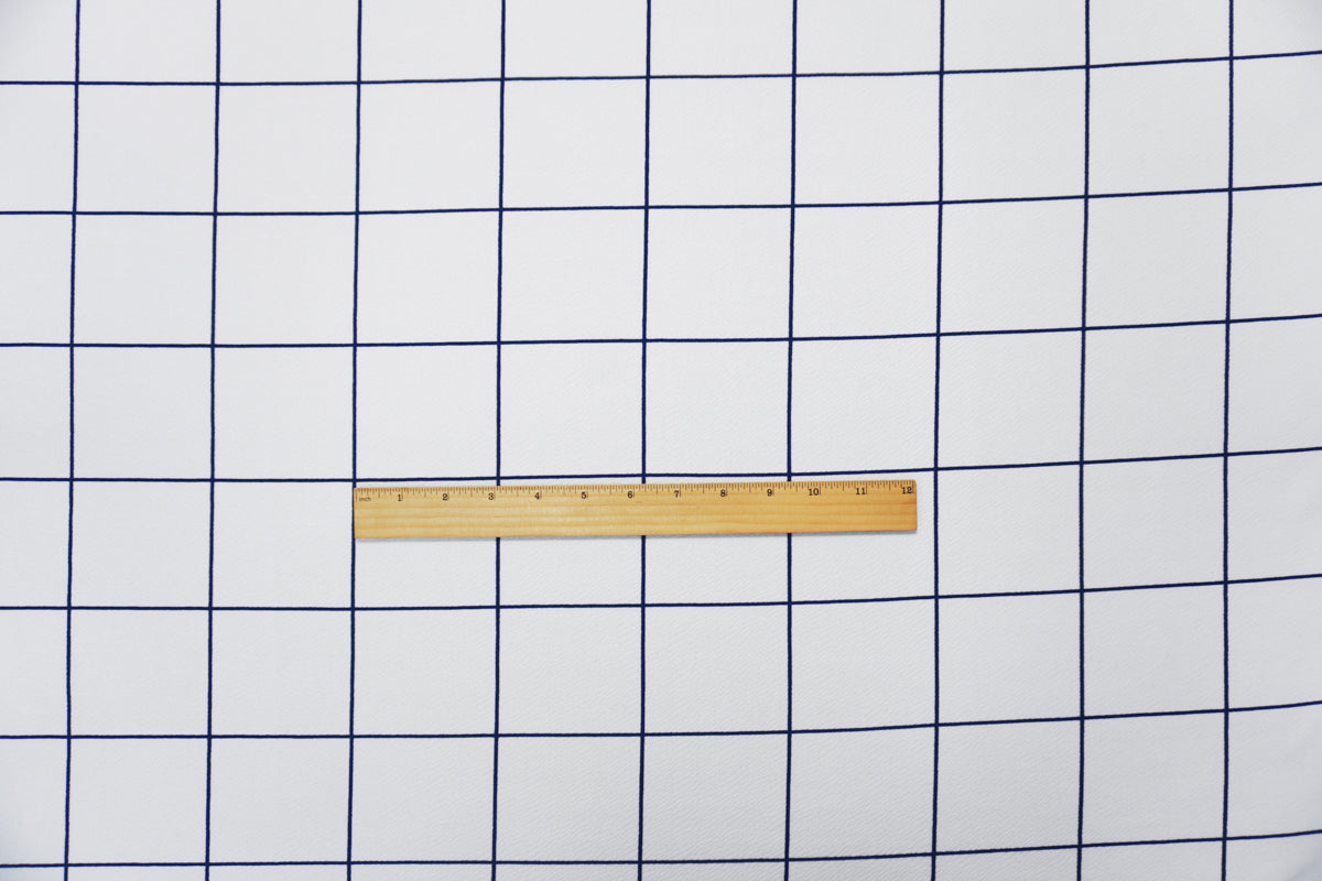 White-Navy Poly Check Printed Liverpool Double Knit Fabric