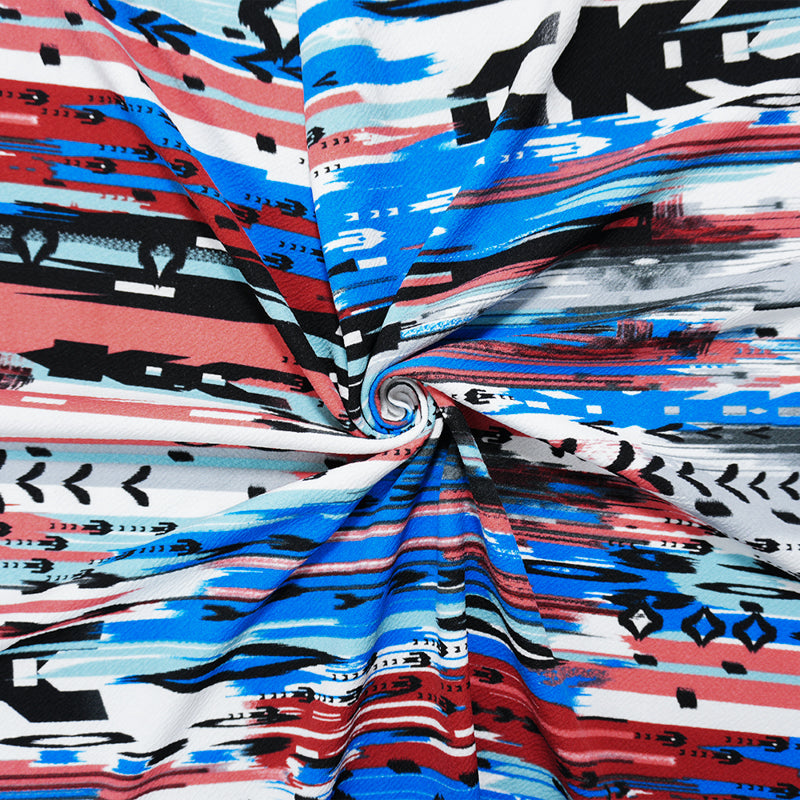 Blue-Multi Poly Abstract Ikat Printed Liverpool Double Knit Fabric