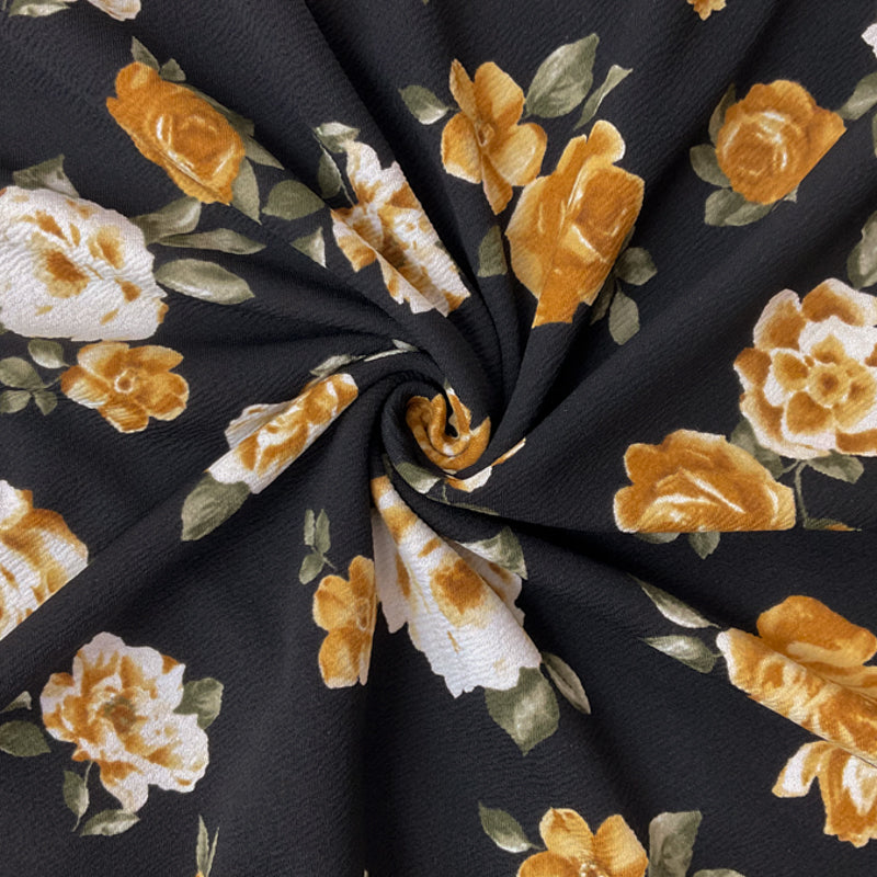 Black-Yellow Poly Floral Printed Liverpool Double Knit Fabric