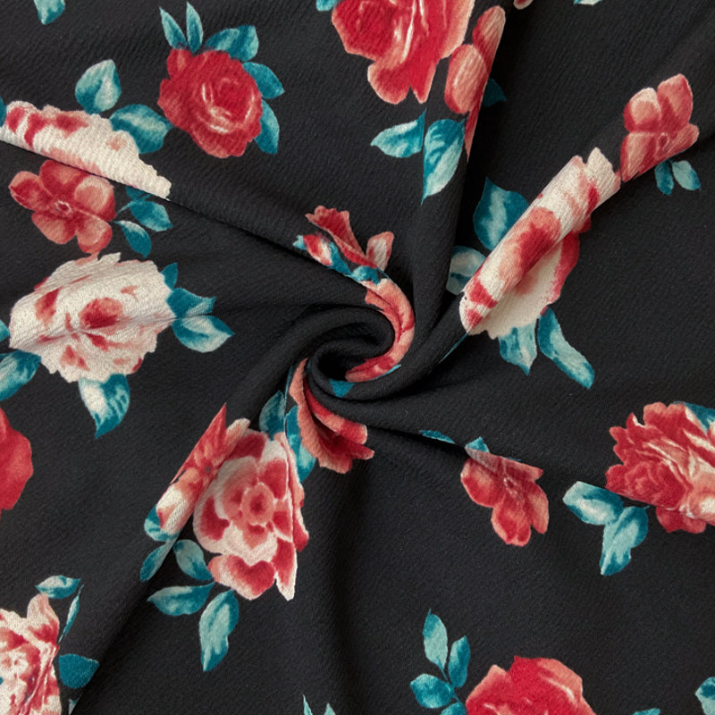 Black-Pink-Multi Poly Floral Printed Liverpool Double Knit Fabric