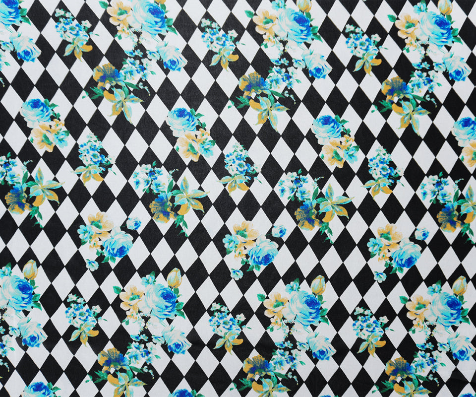 Black-White-Blue Poly Floral Tile Printed Chiffon Woven Fabric