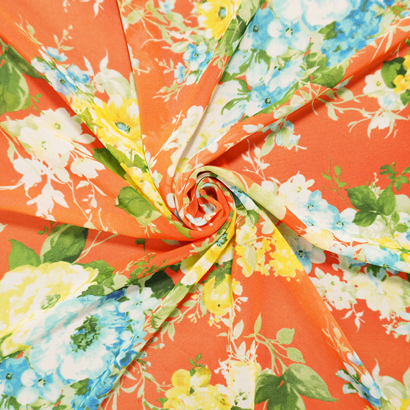 Orange-Blue-Multi Poly Floral Printed Chiffon Woven Fabric