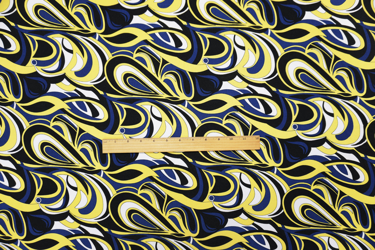 Blue-Yellow Poly Spandex Abstract Swirl Printed ITY Jersey Knit Fabric