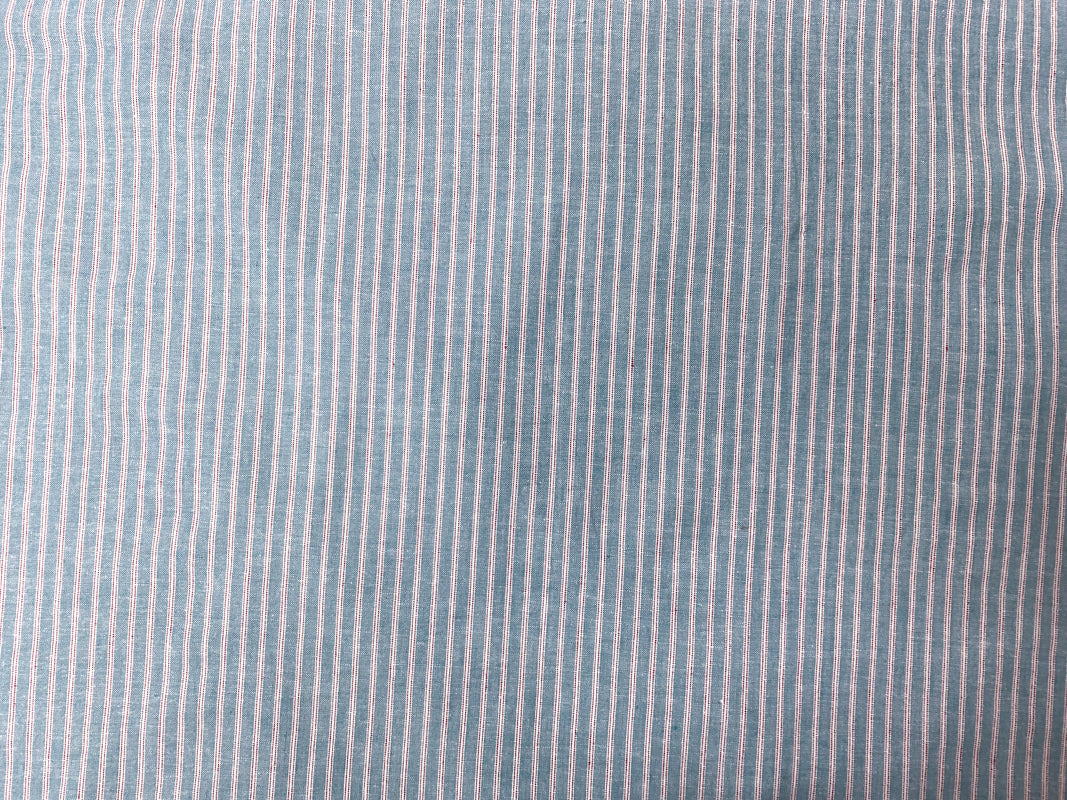 Teal-Red-White Rayon Linen Stripe Woven Fabric