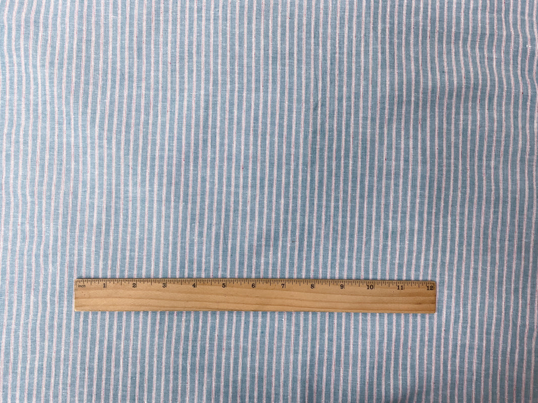 Teal-Red-White Rayon Linen Stripe Woven Fabric