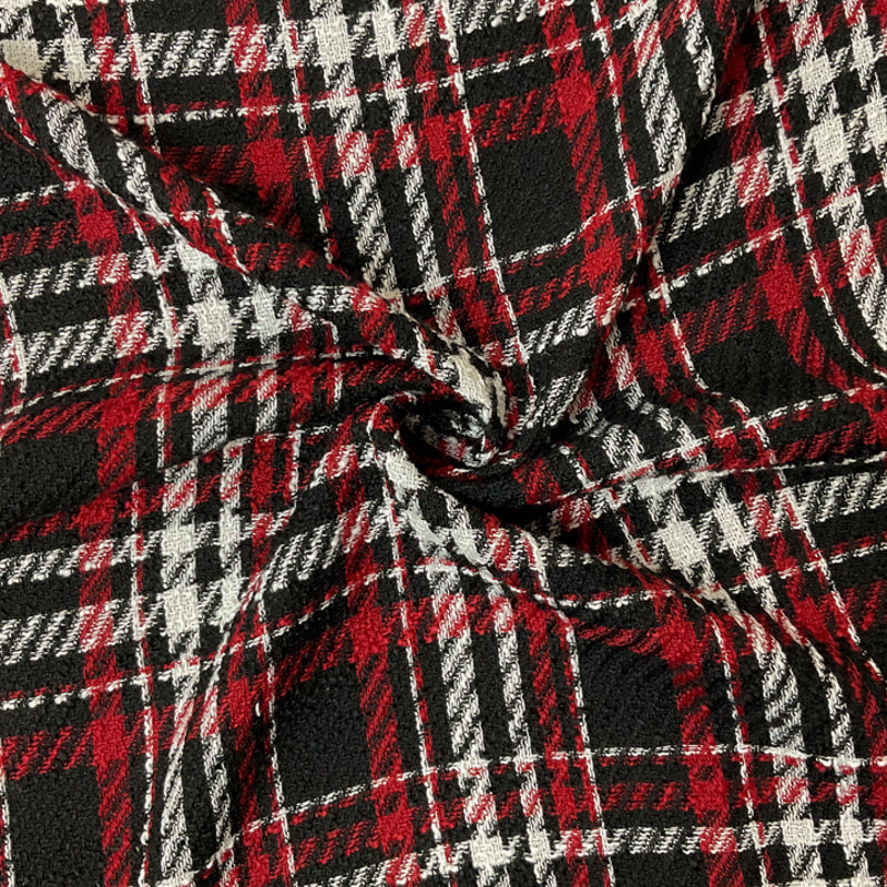 Black-Red-White Poly Plaid Twill Woven Fabric