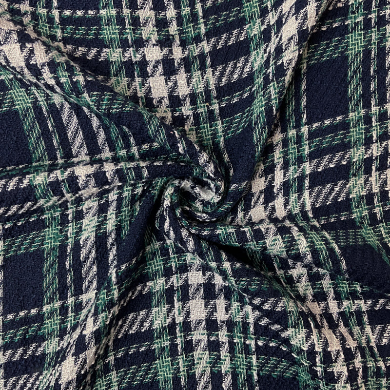 Navy-Green-White Poly Plaid Twill Woven Fabric
