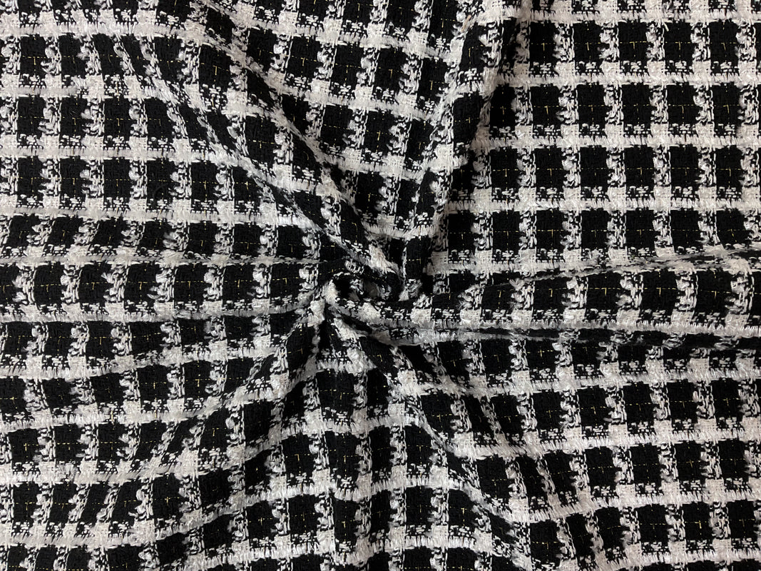 Black-White-Gold Poly Check Tweed Boucle Novelty Woven Fabric
